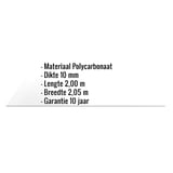 Infographic: Polycarbonaat massieve plaat 10 mm met ingebouwde gegevens over materiaal, dikte, lengte, breedte en garantie