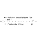 Technische tekening van de PVC golfplaat 177/51 met afmetingen voor werkende breedte 873 mm en plaatbreedte 920 mm