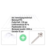 PVC golfplaat 76/18, 1,30 mm, helder, met ingebouwde gegevens en bevestigingsmateriaal