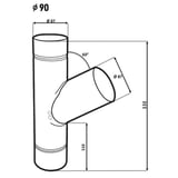 Technische tekening van de valpijpafsplitsing 60 graden met afmetingen Ø 90, Ø 87, 330 mm en 110 mm