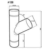 Technische tekening van een fallrohrabzweig 60° met afmetingen en diameter 120 mm
