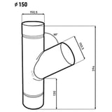 Technische tekening regenpijpafvoer 60 graden, diameter 150 mm, totale hoogte 394 mm