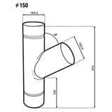 Technische tekening van een afvoerbuis aftakking 60 graden met diameter 150 mm en afmetingen