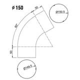 Technische tekening regenpijpbocht verzinkt, diameter 150 mm, hoek 60 graden