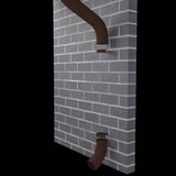 Twee chocoladebruine regenpijpbochten gemonteerd aan een bakstenen muur, boven- en ondergedeelte