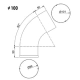 Technische tekening van de afvoerbuisbocht met afmetingen, diameter 100 mm, hoek 60 graden