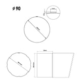 Technische tekening van de regenpijp met diameter Ø 90 mm en detail van de verbinding