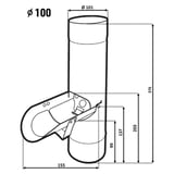 Technische tekening van de regenwaterafscheider met afmetingen en diameter 100 mm