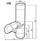 Technische tekening van de regenwaterafscheider met afmetingen en diameter 90 mm
