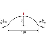 Technische tekening nokvorst halfrond met afmetingen 190 mm breedte, 70 mm hoogte, 55 mm zijden