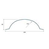 Technische tekening van de halfronde nokvorst met afmetingen: breedte 340, hoogte 90, radius 130