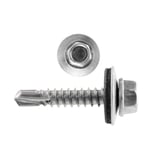 RVS schroef Zilver-Metallic met zeskantkop, sluitring en afdichting, plus bovenaanzicht van de kop