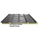 Sandwichpaneel ECO 1000-30 dak, grijsbruin, met ingebedde specificaties voor materiaal en afmetingen