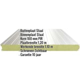 Sandwichpaneel Wall 1100 80, Grijswit, met ingebouwde gegevens zoals materiaal, breedte en garantie