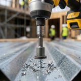 Metalen schroefbit RVS blank in gebruik met accuboormachine op damwandplaat