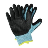 Snijbestendige handschoenen van blauw nylon, achterkant met zwarte nopjescoating en gele manchet