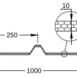 Technische tekening van de polycarbonaat lichtplaat met profielafmetingen en 10 mm dikte