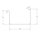 Technische tekening van de stalen bakgoot, dwarsdoorsnede met afmetingen 125 mm breedte, 82 mm en 92 mm hoogte
