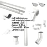Stalen dakgoten set, zilver-metallic, met ingebedde lijst van productkenmerken en afmetingen