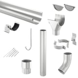 Stalen dakgoten set, zilver-metallic, met alle onderdelen zoals dakgoot, regenpijp, beugels en schroeven