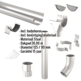 Niagara stalen dakgoten set, grijs aluminiumkleurig, met ingebedde productinformatie