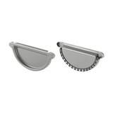 Twee dakgoot eindstukken van staal in zilver-metallic, links gesloten, rechts met afdichting