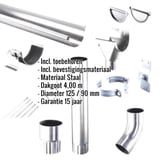 Stalen dakgoot voordeelpakket verzinkt, met ingebouwde productgegevens over materiaal en afmetingen