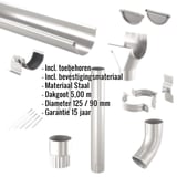 Stalen dakgoot voordeelpakket, grijs aluminiumkleurig, met ingebedde productgegevens