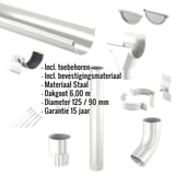 Stalen dakgoot set in zilver-metallic met ingebedde productinformatie over materiaal, lengte en diameter