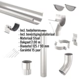 Stalen dakgoten set in grijs aluminiumkleurig (RAL9007) met ingebedde productdetails en afmetingen