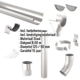 Stalen dakgoten set grijs aluminiumkleurig met ingebedde productdetails en specificaties