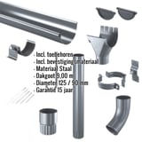 Stalen dakgoten set, antracietgrijs, met ingebouwde productinformatie over materiaal, lengte en diameter