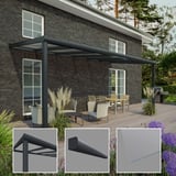Terrasoverkapping RAL 7016 met 8,00 mm glazen dak, details van paal, dakgoot en glas
