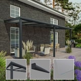 Terrasoverkapping RAL 7016 met 8,00 mm glazen dak en detailweergaven van paal, goot, glas