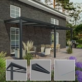Terrasoverkapping RAL 7016 met 8,00 mm glazen dak, hoofdaanzicht met detailuitsneden van paal, dakgoot en glasplaat