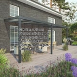 Terrasoverkapping in RAL 7016 met 8,00 mm glazen dak, kenmerken en gegevens weergegeven