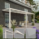 Terrasoverkapping RAL 9001 met 16 mm polycarbonaat dak en detailweergaven van profiel, sierlijst en plaat