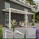 Terrasoverkapping RAL 9001, 16 mm, met drie detailweergaven: hoekverbinding, sierlijst en polycarbonaat plaat