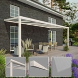 Terrasoverkapping RAL 9001 van Sunrooms, 16 mm, met detailweergaven van steun, dakgoot en polycarbonaatplaat