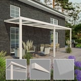 Terrasoverkapping RAL 9001 met detailweergaven van profiel, dakgoot en polycarbonaatplaat