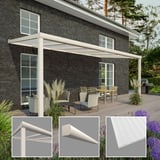 Terrasoverkapping RAL 9001, 16 mm, met detailaanzichten van paal, sierlijst halfrond en polycarbonaatplaat