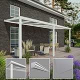 Terrasoverkapping in RAL 9016 met 8,00 mm glasdak en detailweergaven van profiel en glas
