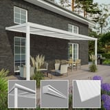 Terrasoverkapping RAL 9016 met 16 mm polycarbonaat dak en drie detailweergaven