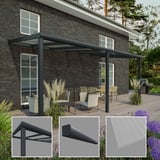 Terrasoverkapping RAL 7016 met 16 mm polycarbonaat dak, details van frame en plaat