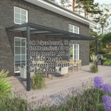 Terrasoverkapping in RAL 7016 met 16 mm polycarbonaat dak, kerngegevens weergegeven