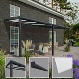 Terrasoverkapping RAL 7016 met 16 mm polycarbonaat dak en detailweergaven van de profielen