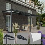 Terrasoverkapping RAL 7016 met detailweergaven van frame, dakgoot en 16 mm polycarbonaatplaat