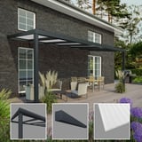 Terrasoverkapping RAL 7016 met 16 mm polycarbonaat dak, detailaanzichten van profiel en kanaalplaten