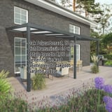 Terrasoverkapping RAL 7016 met 16 mm polycarbonaat dak, kerngegevens over lichttransmissie en breedte getoond