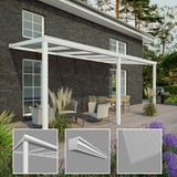 Terrasoverkapping Sunrooms, 16 mm, RAL 9016, met detailweergaven van profiel, sierlijst en plaat